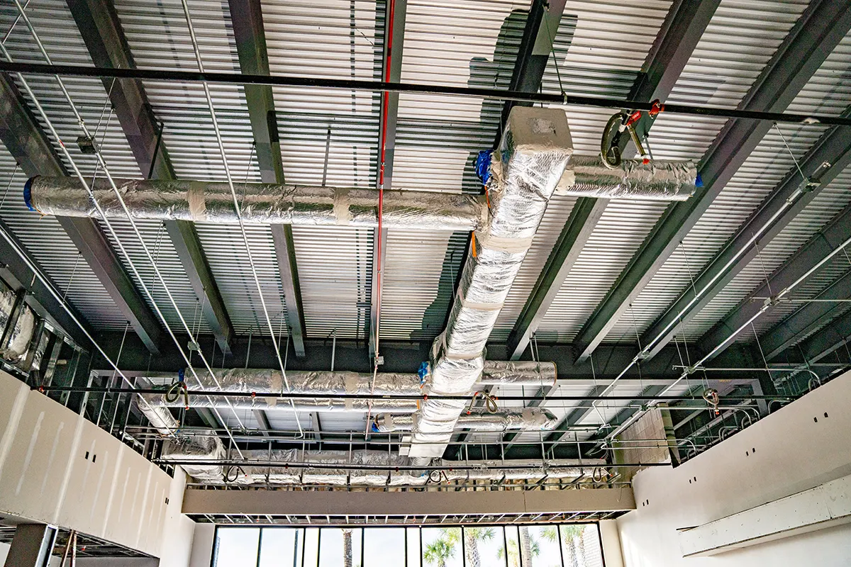Overhead duct runs inside a building