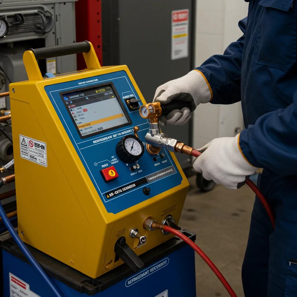 Technician performing EPA-compliant refrigerant recovery from a commercial HVAC system