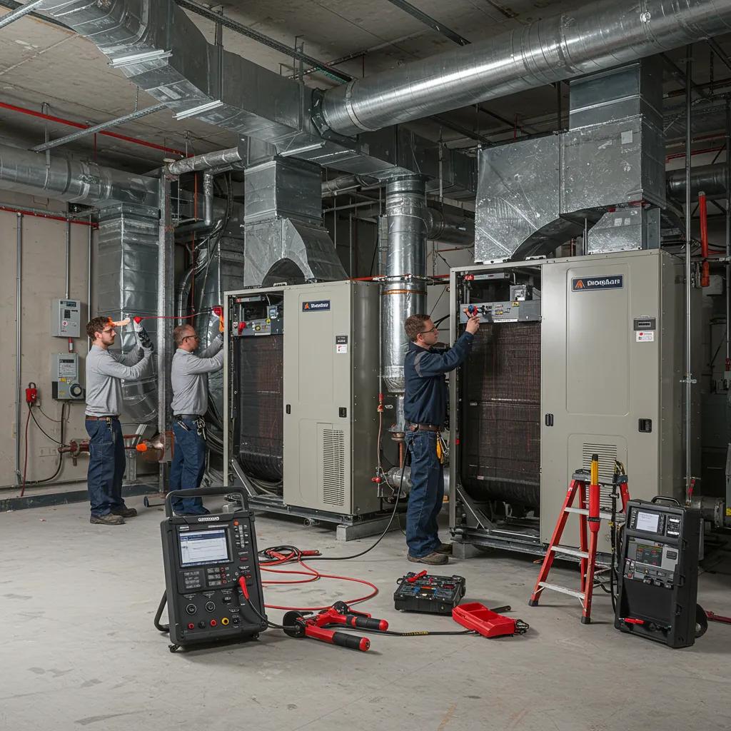 Technicians performing installation and commissioning of an HVAC system in a commercial building