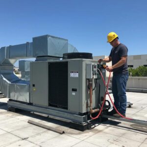 Commercial HVAC technician decommissioning rooftop unit in Florida