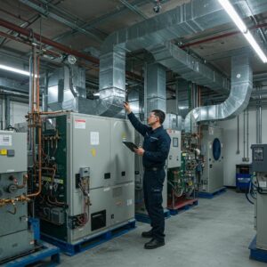 Commercial HVAC technician inspecting a large HVAC system in a modern facility