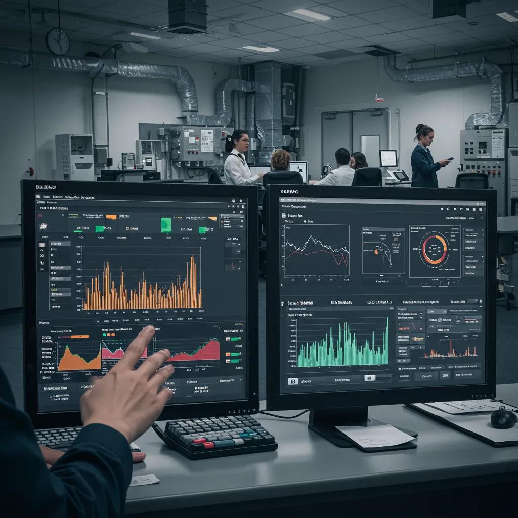 Control room with building automation system interface monitoring HVAC systems