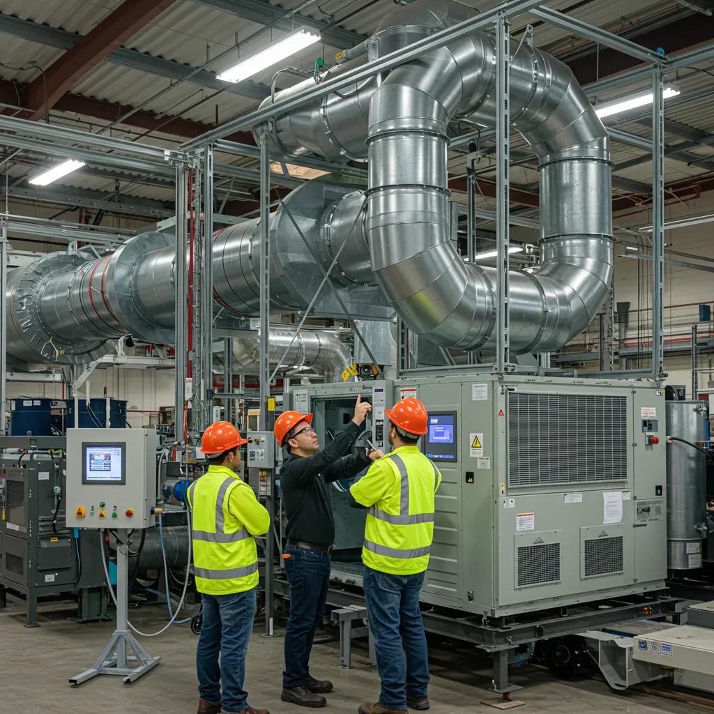 Our expert engineers collaborating on a complex industrial HVAC project within a manufacturing facility, demonstrating teamwork and precision.