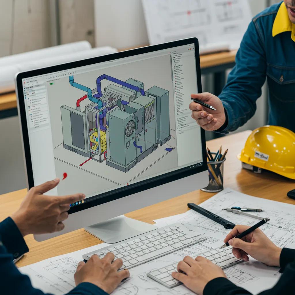 Our expert engineers collaborating on advanced CAD designs for HVAC systems, utilizing detailed 3D models