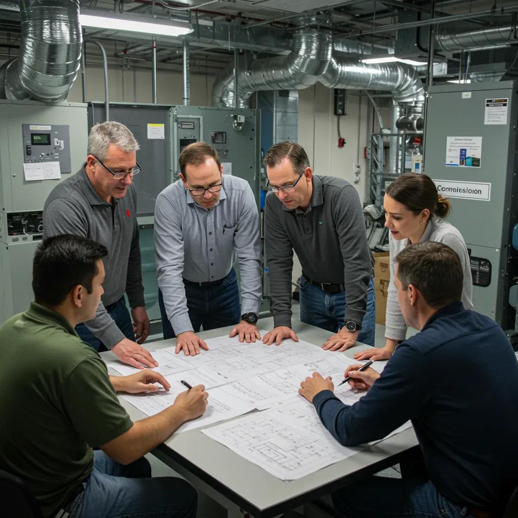 HVAC professionals collaborating over blueprints in a modern office environment