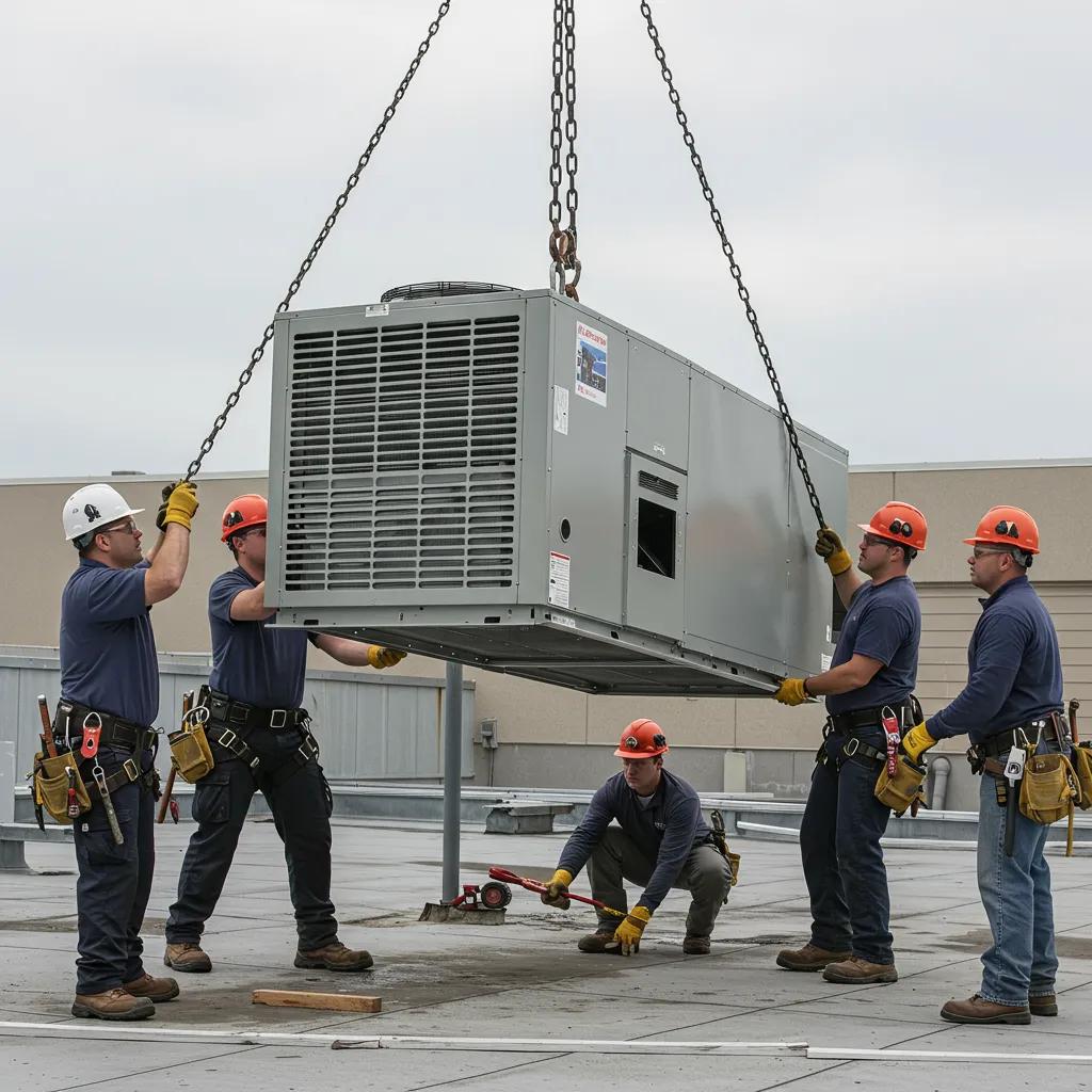 HVAC professionals removing air handler unit from rooftop