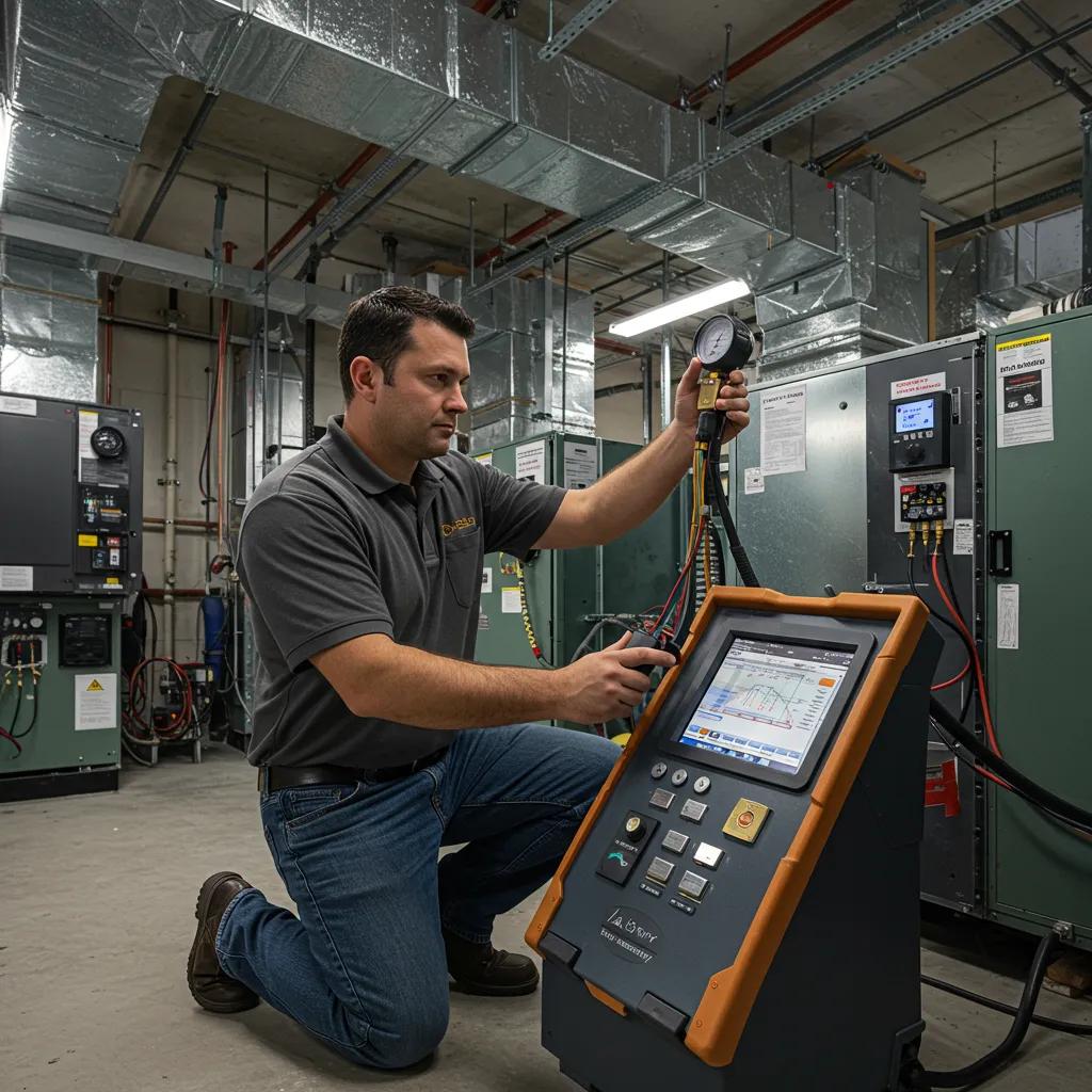 HVAC technician measuring airflow and pressure in a commercial building