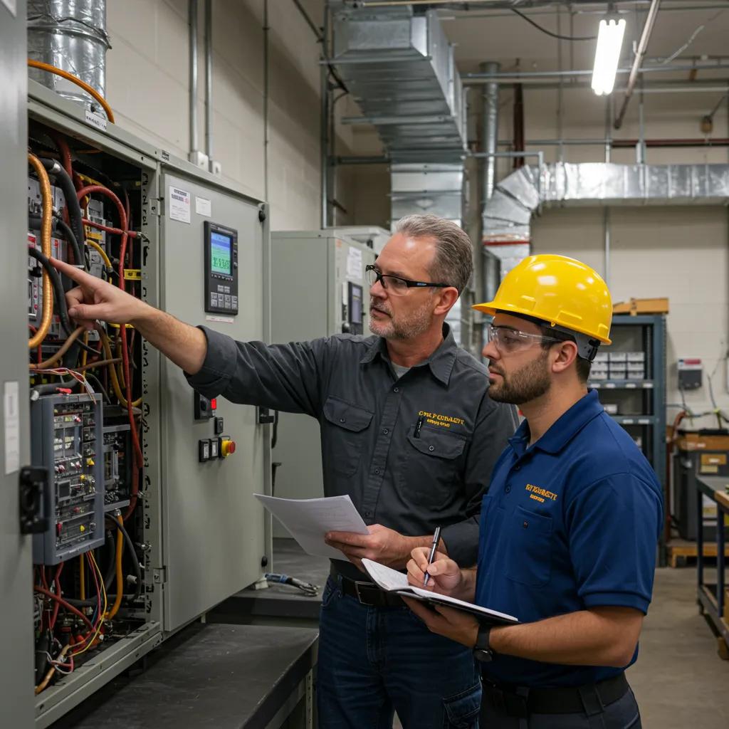 HVAC technician receiving mentorship in a workshop, illustrating career growth and training