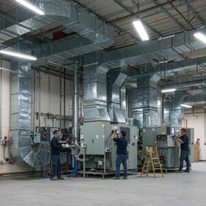 Modern commercial HVAC system installation with technicians collaborating on design and technology