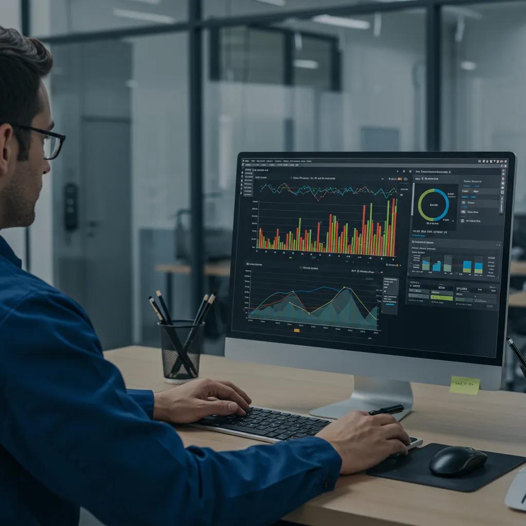 Technician analyzing energy management system dashboard for HVAC energy efficiency