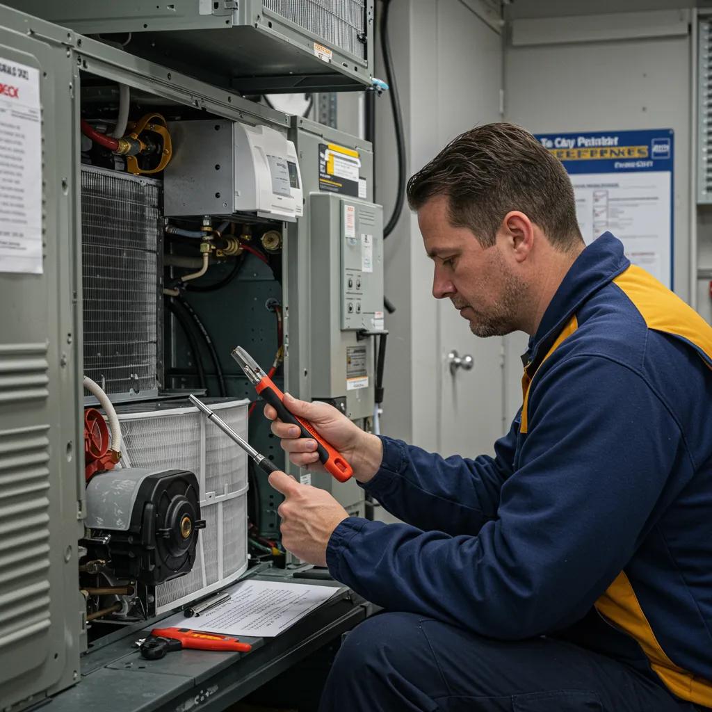 Technician performing HVAC maintenance with tools and checklist in a professional setting