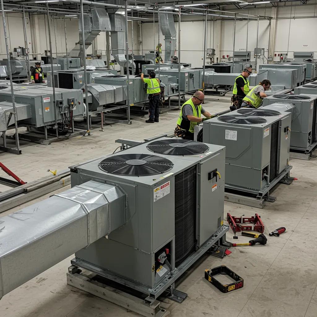 Technicians working on a commercial HVAC system installation on a rooftop, showcasing technical complexity